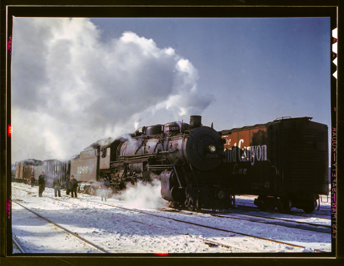 Santa Fe R.R. freight train about to leave for the West Coast from Corwith yard, Chicago, Ill. 1943. (From 4x5” Kodachrome transparency.)